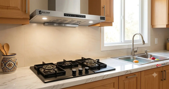 Best built-in gas hob, kitchen chimney hood and stainless steel sink in a modern Pakistani kitchen