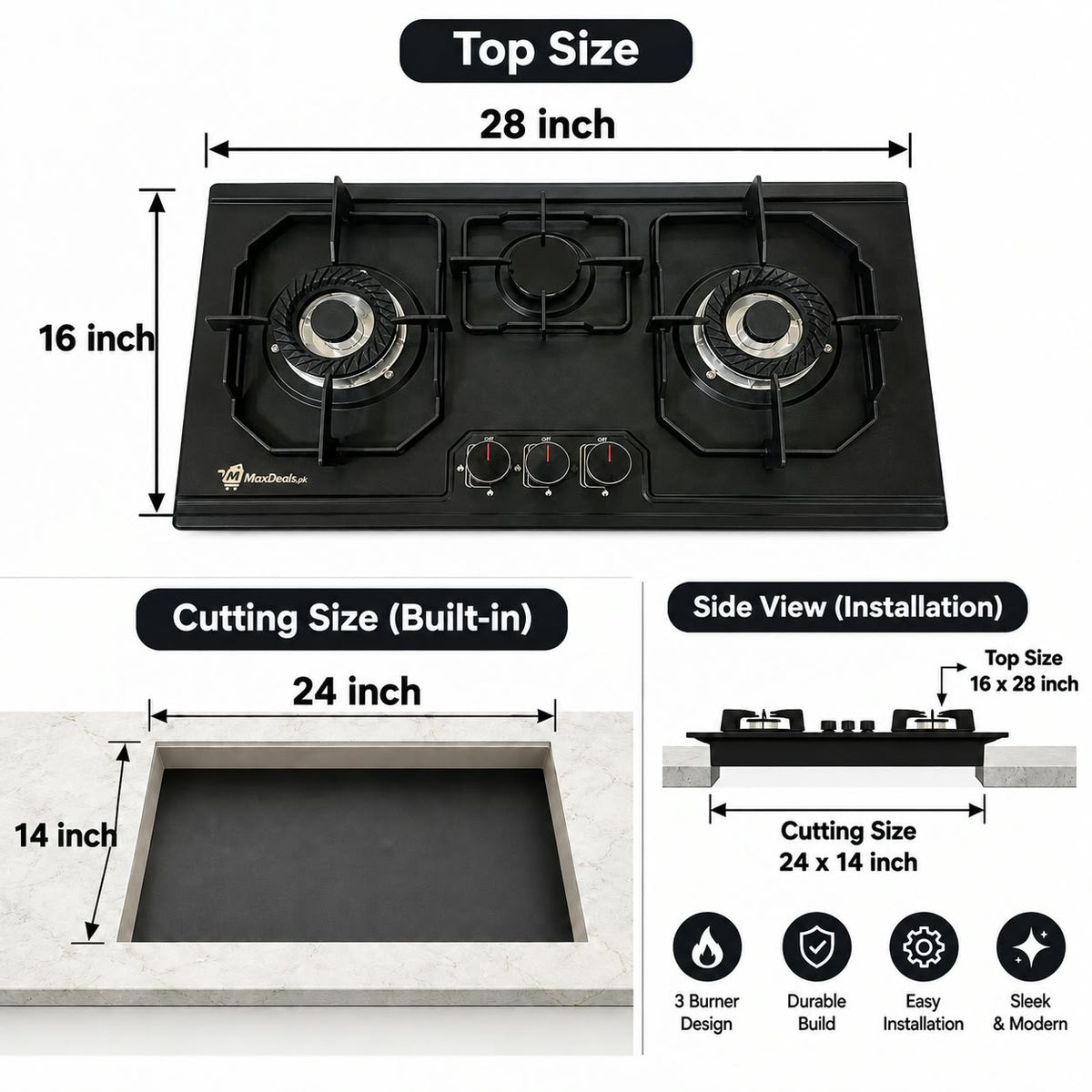 Built-In Gas Hob F11 – Auto Ignition, Cast Iron Burners & Black Finish