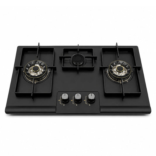 3DLS 3-Burner Built-In Gas Hob Black Glass Brass Burners Auto Ignition Pakistan
