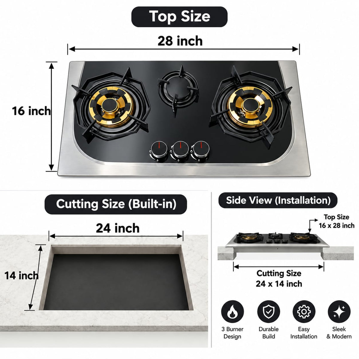 Premium Stainless Steel Gas Hob B-02 – Built-In & Tabletop, Auto Ignition
