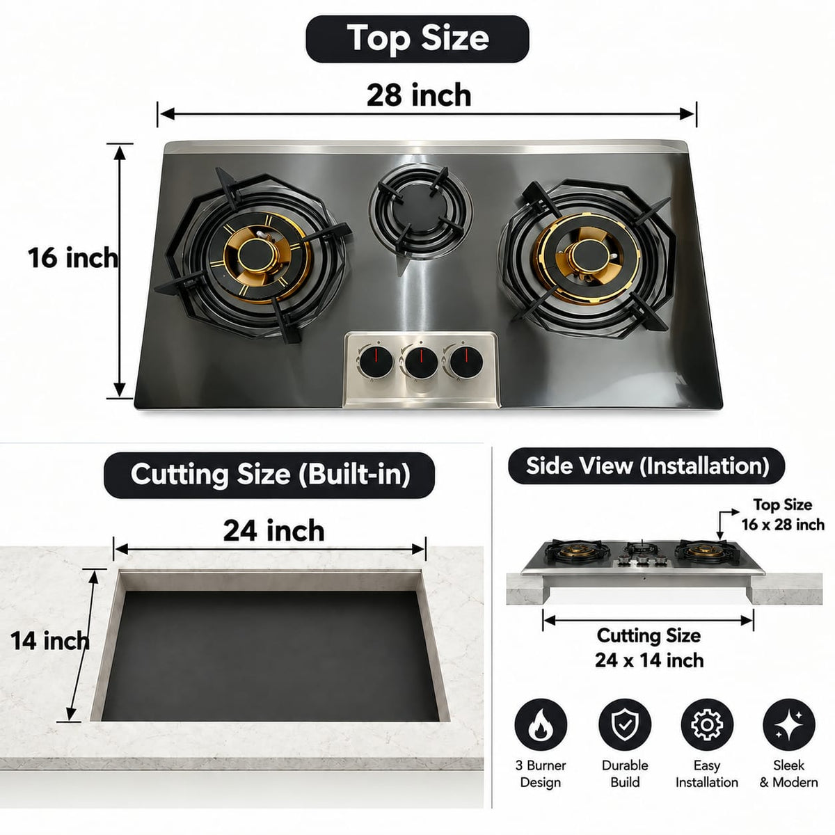 Premium Stainless Steel Gas Hob B-04 – Built-In & Tabletop