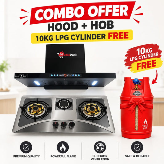 Kitchen hood and 3 burner gas hob combo with 10kg LPG cylinder