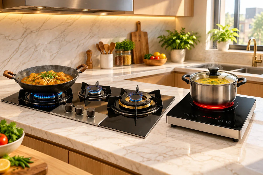 MaxDeals stainless steel built-in gas hob B-04 next to an electric stove in a Pakistani kitchen