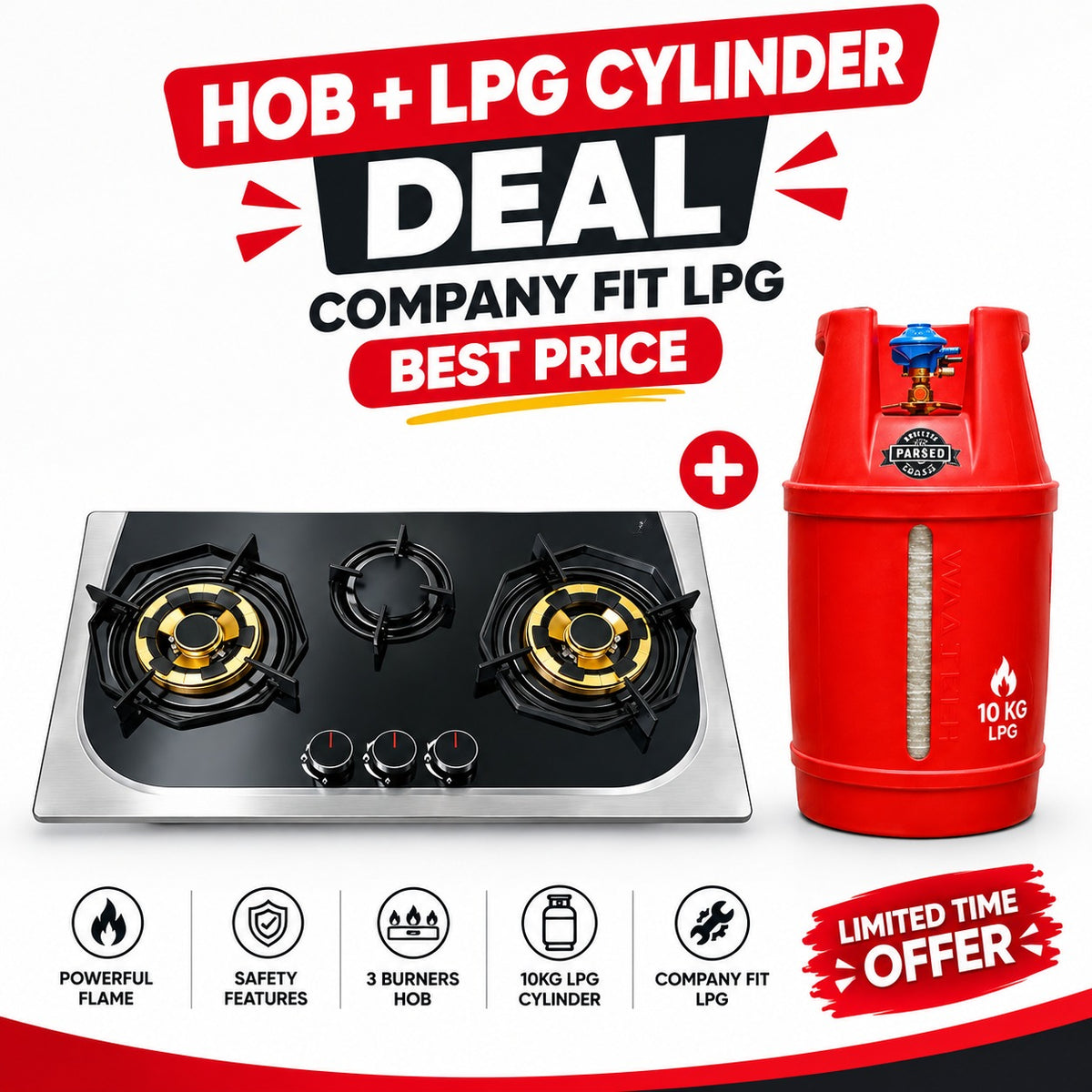 3 burner gas hob with 10kg LPG cylinder deal