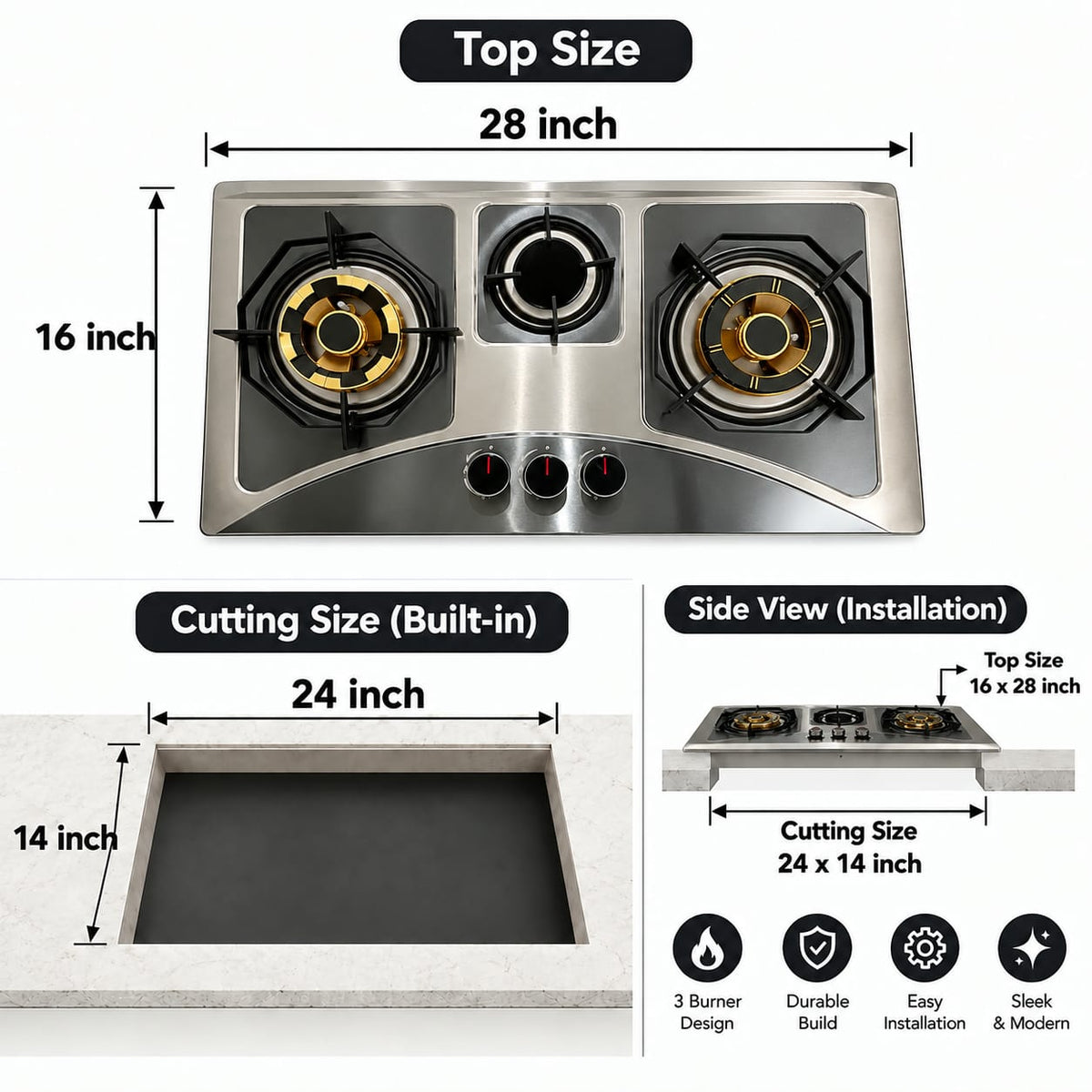 Premium Stainless Steel Gas Hob B-03 – Built-In & Tabletop