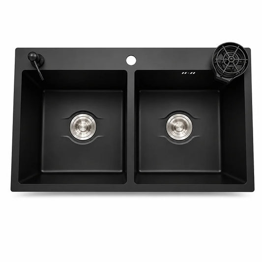 Lifestyle 12 BK Double Bowl Kitchen Sink | Stainless Steel | Glass Washer + Soap Dispenser