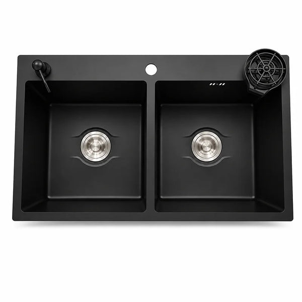 Lifestyle 12 BK Double Bowl Kitchen Sink | Stainless Steel | Glass Washer + Soap Dispenser
