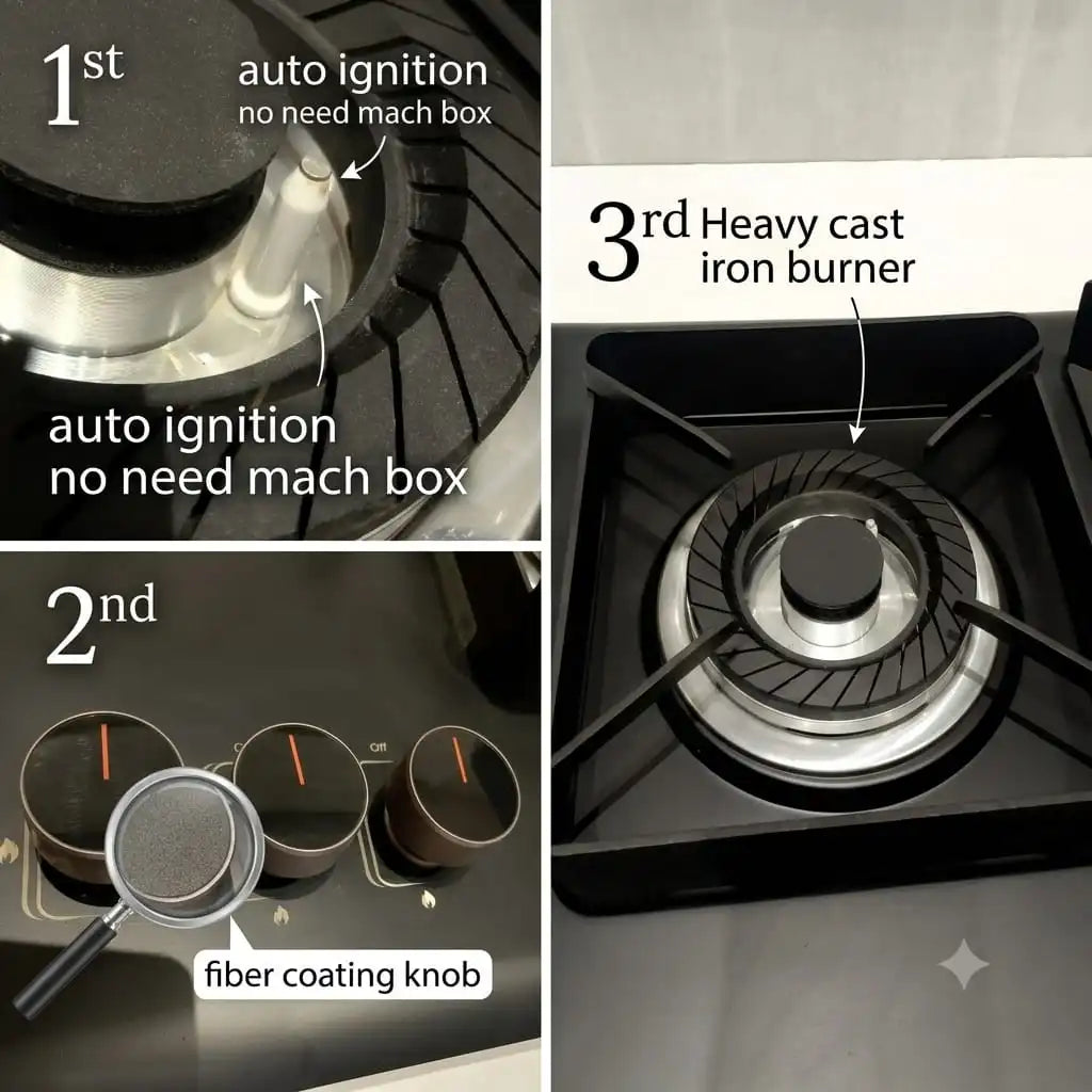 Builtron Black 11 Built-In Gas Hob 3 Burner with Auto Ignition and Cast Iron Burners in Pakistan