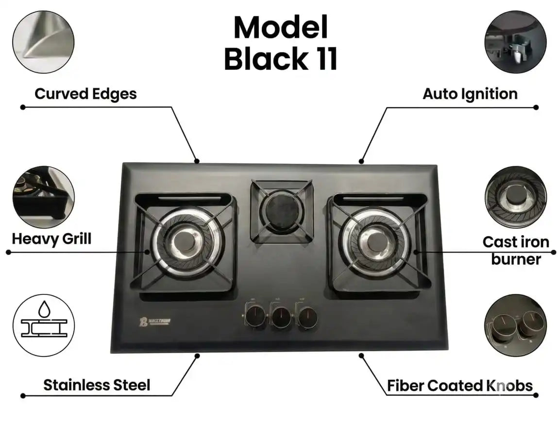 Builtron Black 11 Built-In Gas Hob 3 Burner with Auto Ignition and Cast Iron Burners in Pakistan