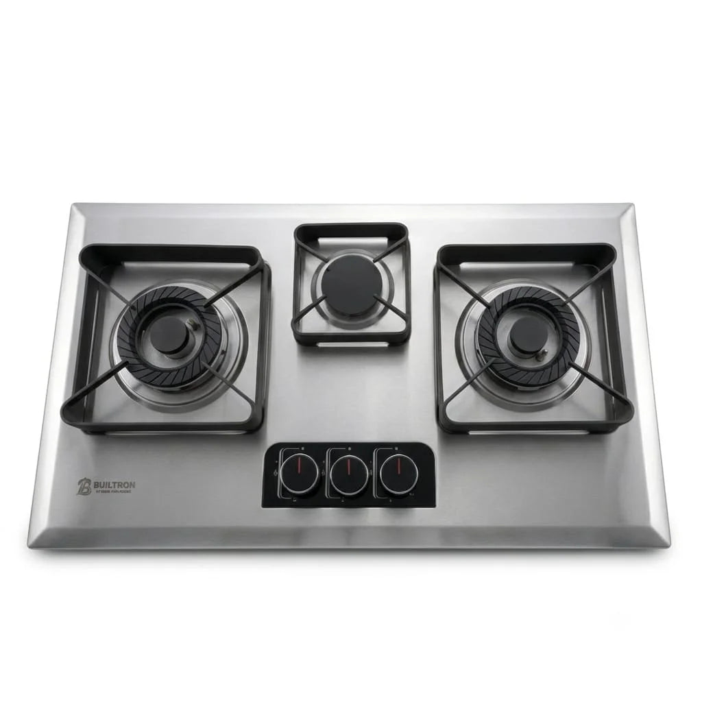 Builtron Blue 11 Stainless Steel 3 Burner Built-In Gas Hob with Auto Ignition and Cast Iron Burners in Pakistan