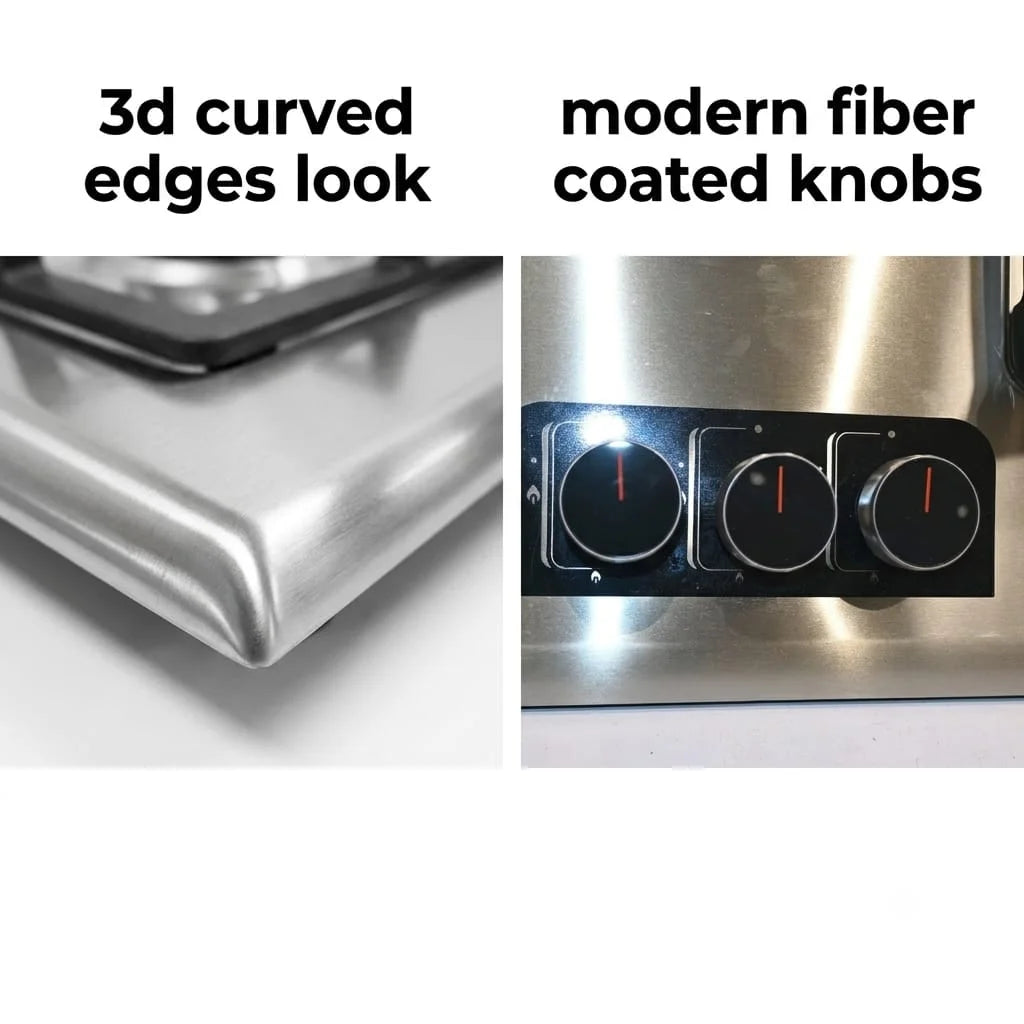 Builtron Blue 11 features curved edges cast iron burner auto ignition fiber knobs