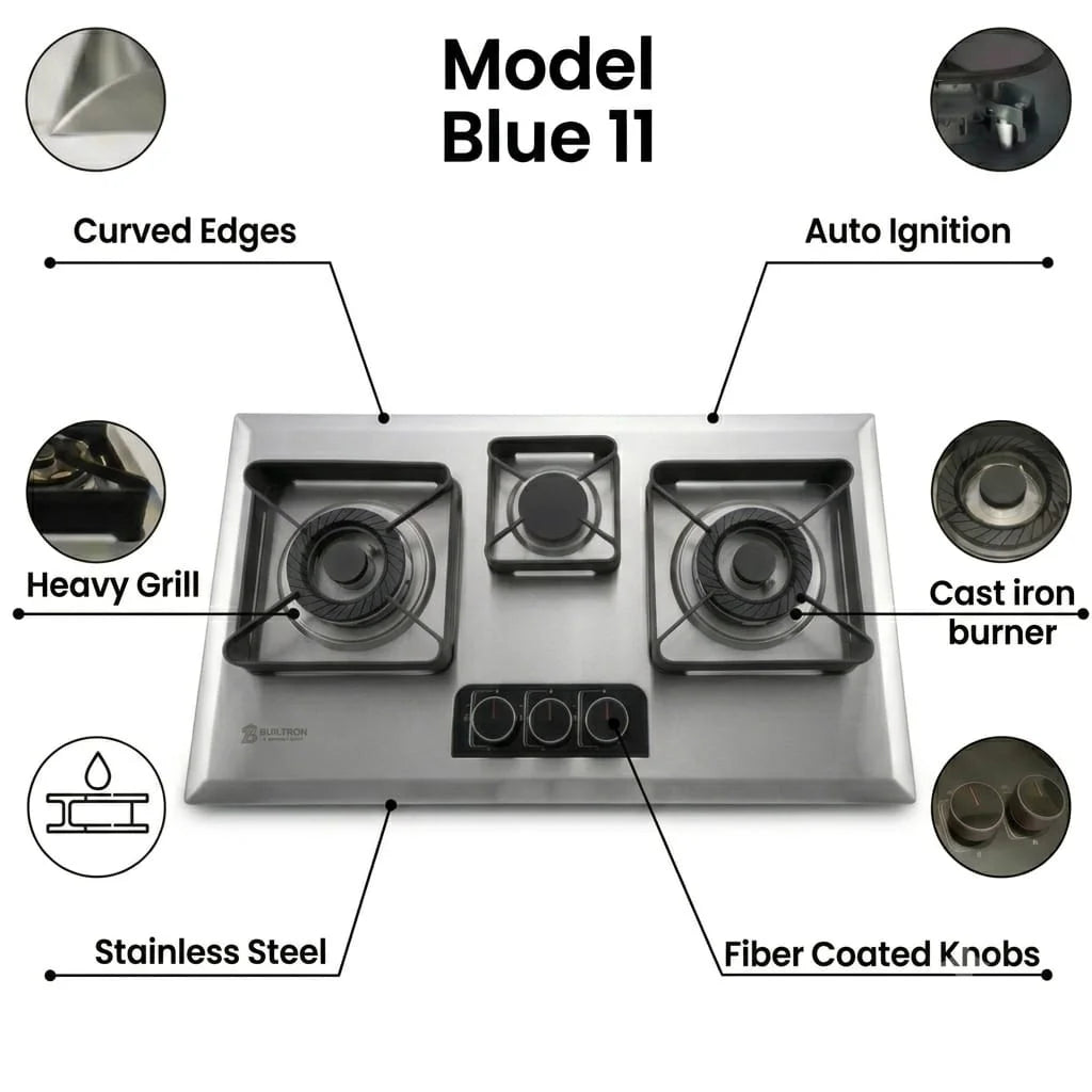 Builtron BLEE-11 3 burner stainless steel built-in gas hob side angle view Pakistan