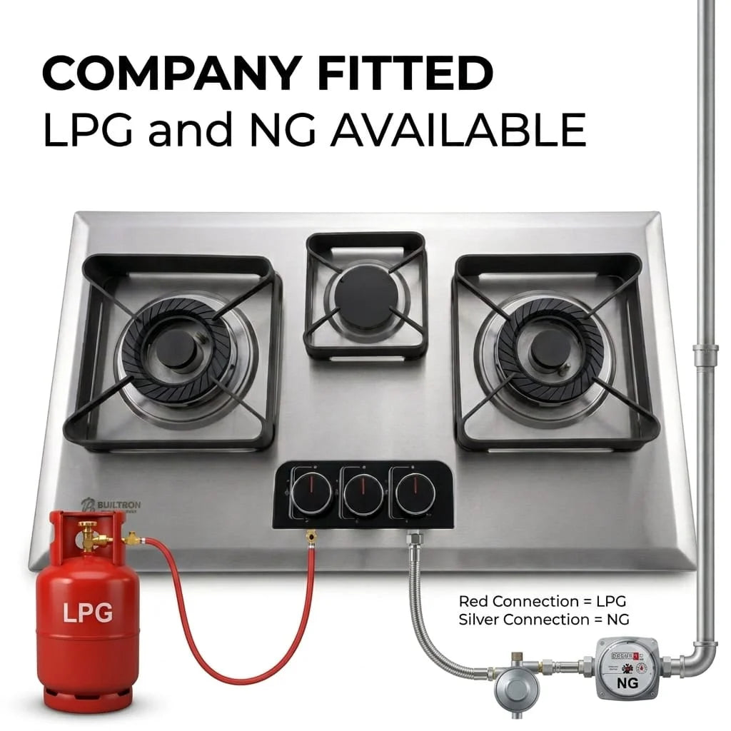 Builtron Blue 11 Stainless Steel 3 Burner Built-In Gas Hob with Auto Ignition and Cast Iron Burners in Pakistan