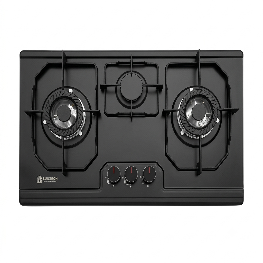 Builtron F-11 3 Burner Black Glass Built-In Gas Hob with Auto Ignition and Cast Iron Burners in Pakistan