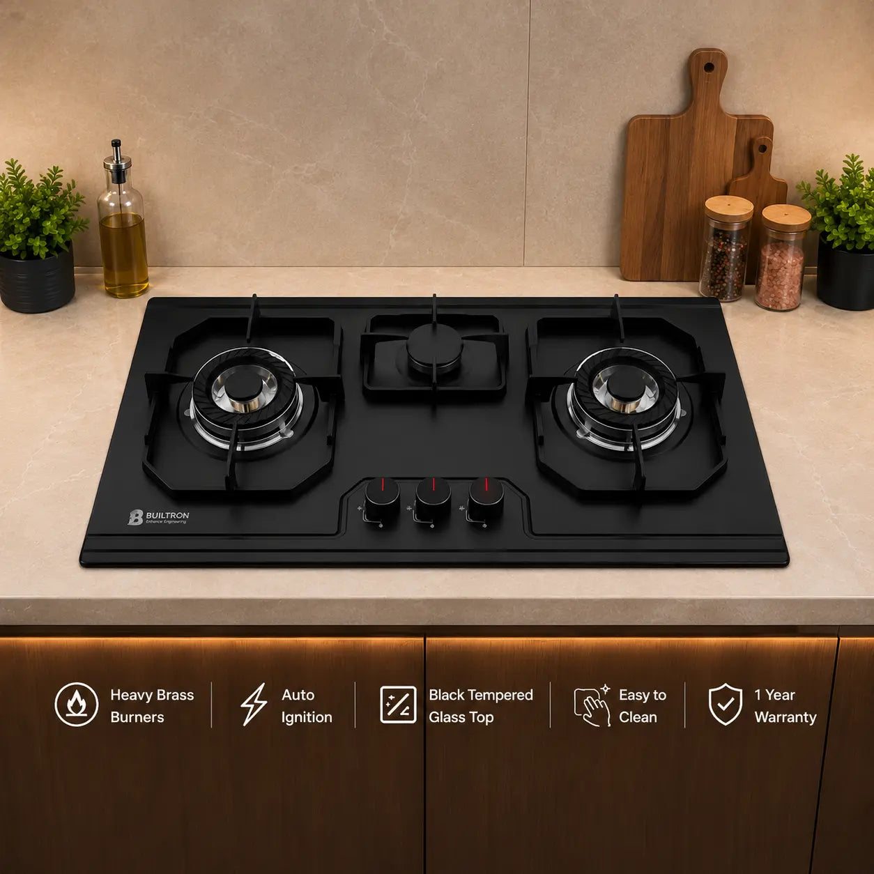 Builtron F-11 3 burner black tempered glass built-in gas hob price Pakistan