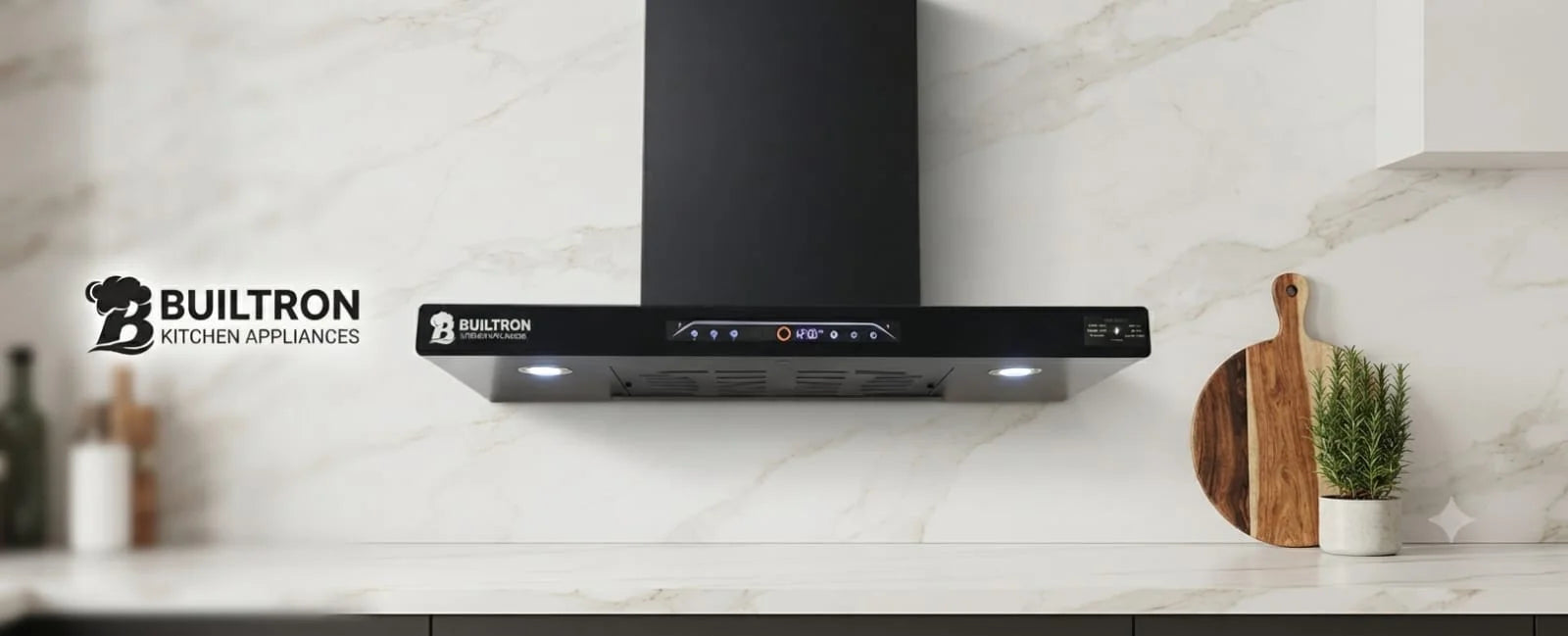 Builtron black T-shape kitchen chimney hood with LED lights mounted on white marble wall Pakistan