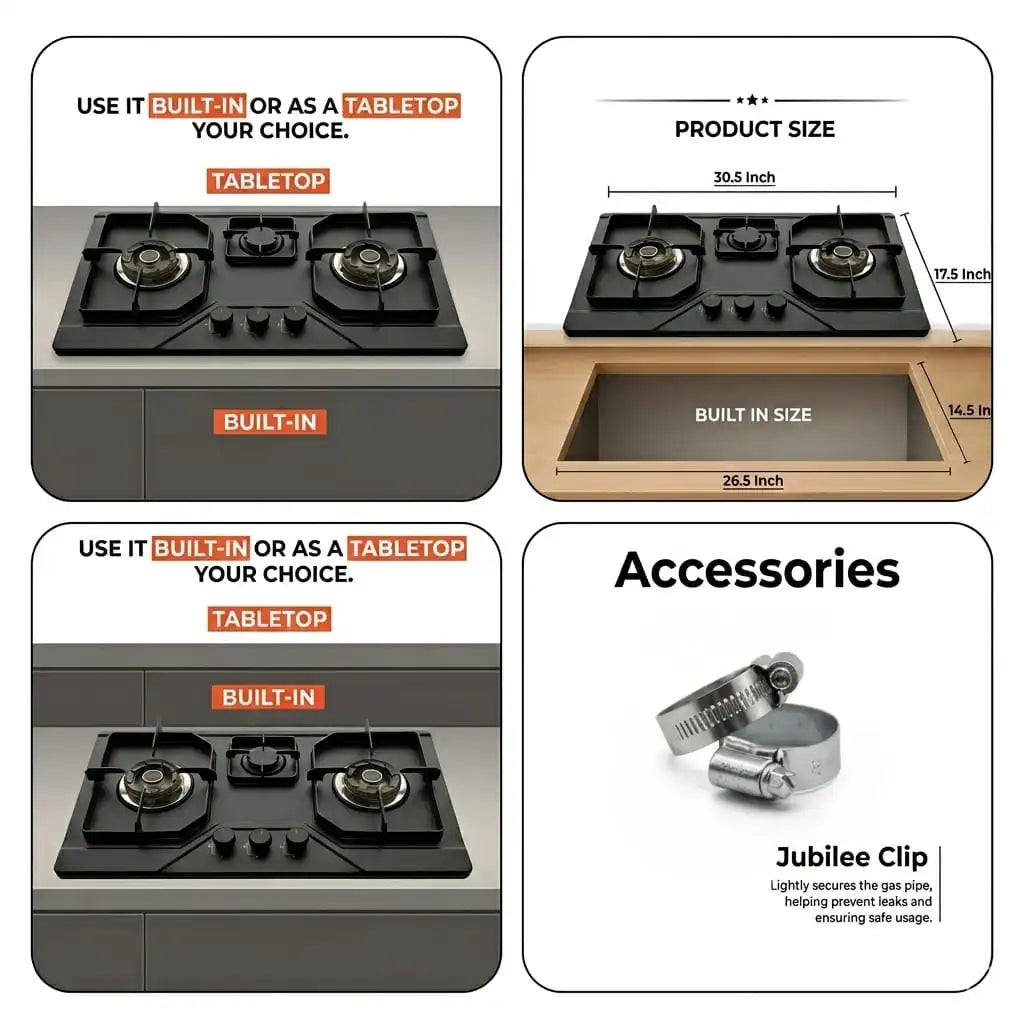 Flora Black 3 burner gas hob built-in and tabletop use 30.5 inch size with jubilee clip accessory Pakistan