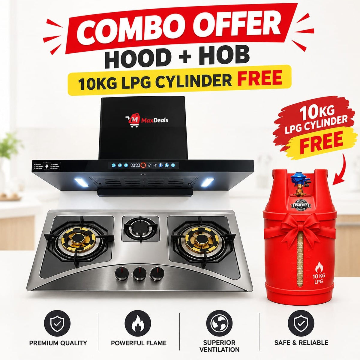 Kitchen hood and 3 burner gas hob combo with 10kg LPG cylinder