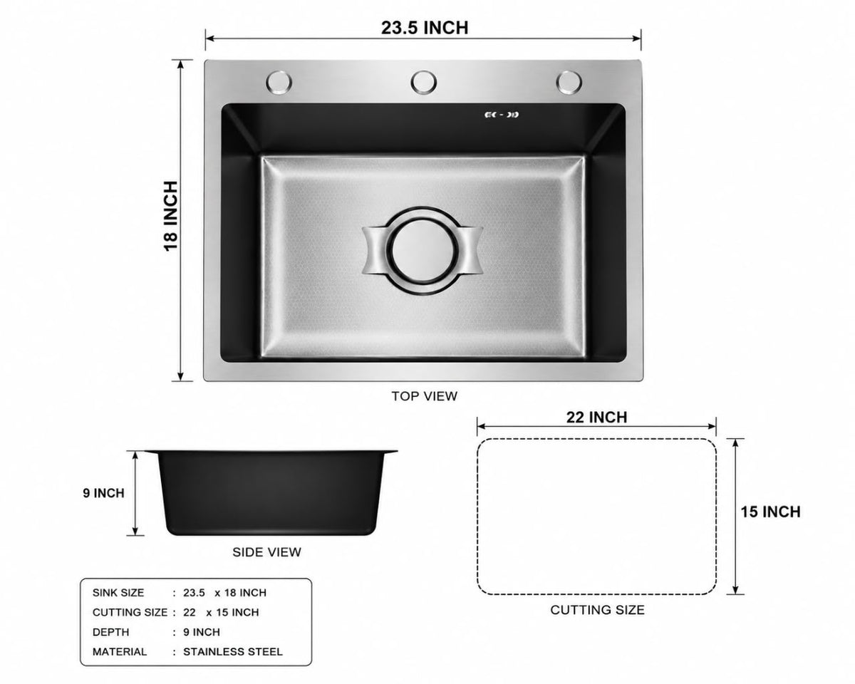 Black Honeycomb Handmade Stainless Steel Kitchen Sink | 23.5 x 17.5 Inches