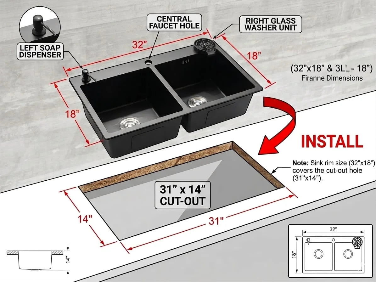 Lifestyle 12 BK Double Bowl Sink 31x14 Inches Cutting Size Top View